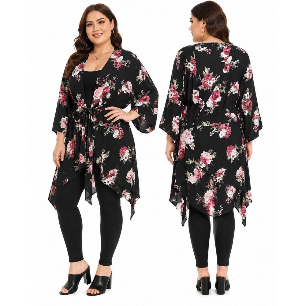 Torrid Black Floral High-Low Kimono Cardigan Size 2